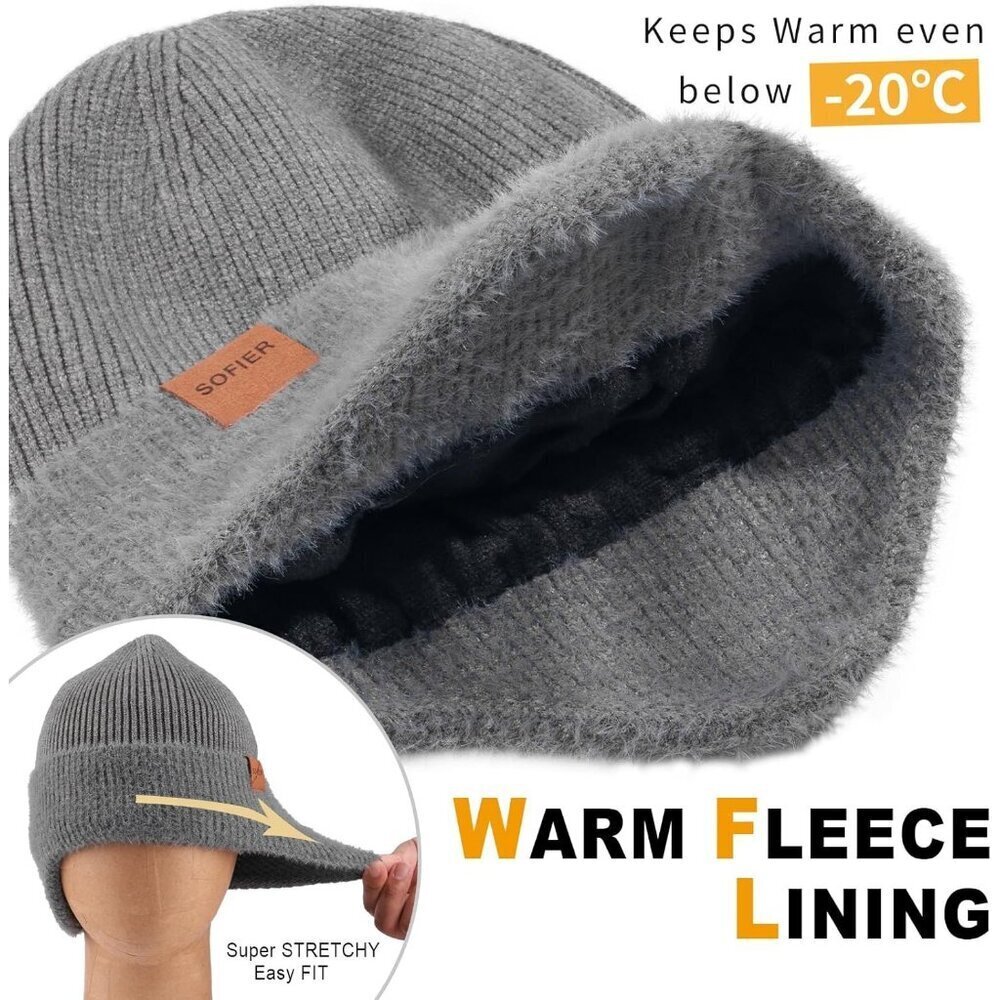 Unisex Dark Grey Fleece-Lined Beanie with Earflaps, Scarf & Touchscreen Gloves - Picture 5 of 7